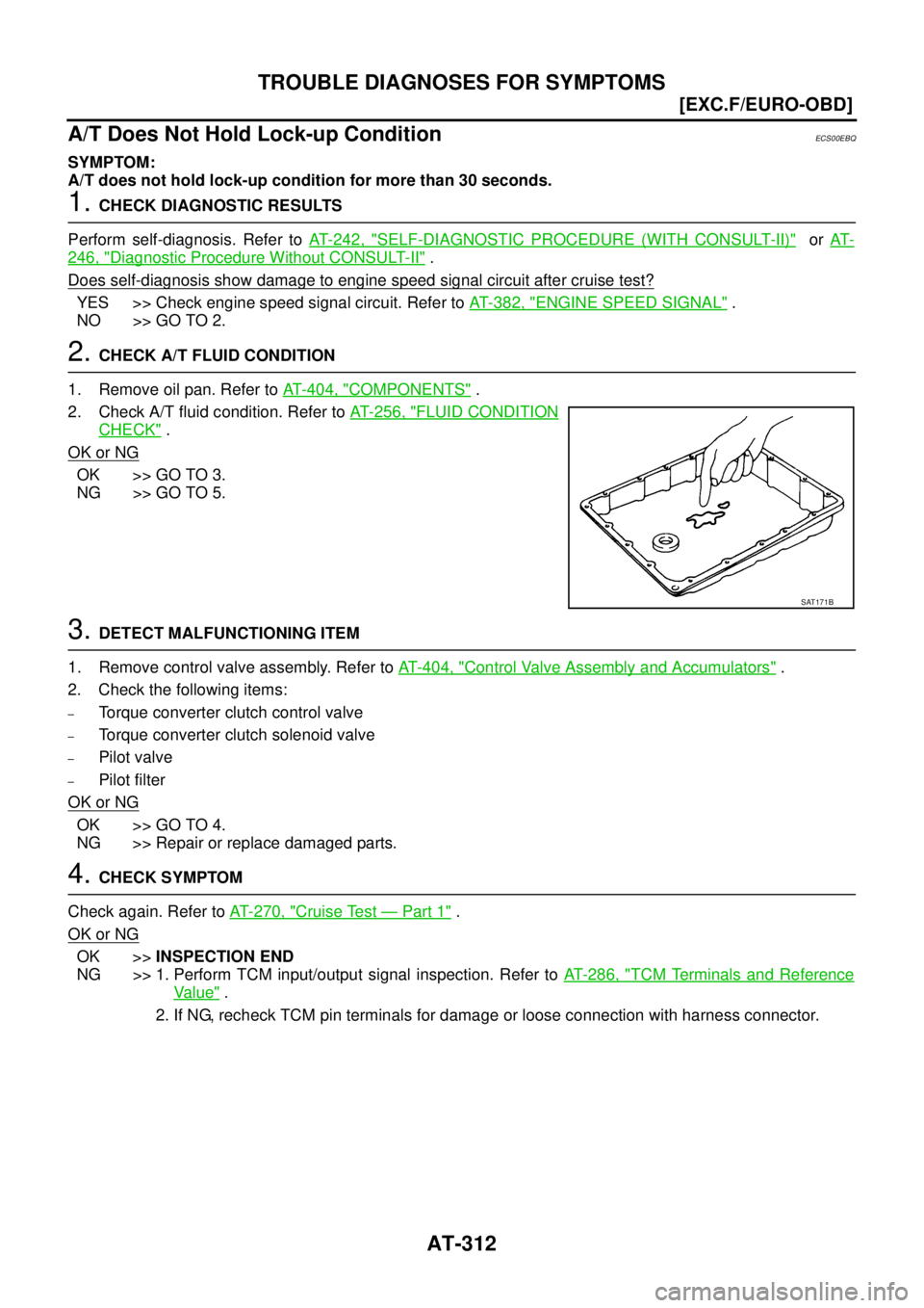 NISSAN X-TRAIL 2003  Service Repair Manual AT-312
[EXC.F/EURO-OBD]
TROUBLE DIAGNOSES FOR SYMPTOMS
 
A/T Does Not Hold Lock-up ConditionECS00EBQ
SYMPTOM:
A/T does not hold lock-up condition for more than 30 seconds.
1. CHECK DIAGNOSTIC RESULTS
