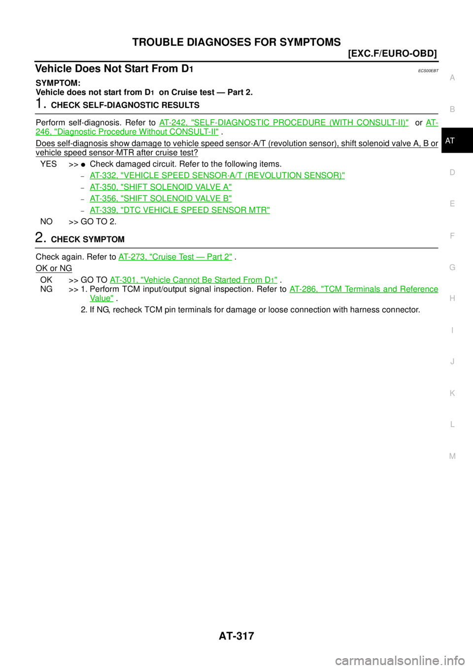 NISSAN X-TRAIL 2003  Service Repair Manual TROUBLE DIAGNOSES FOR SYMPTOMS
AT-317
[EXC.F/EURO-OBD]
D
E
F
G
H
I
J
K
L
MA
B
AT
 
Vehicle Does Not Start From D1ECS00EBT
SYMPTOM:
Vehicle does not start from D
1  on Cruise test — Part 2.
1. CHECK 