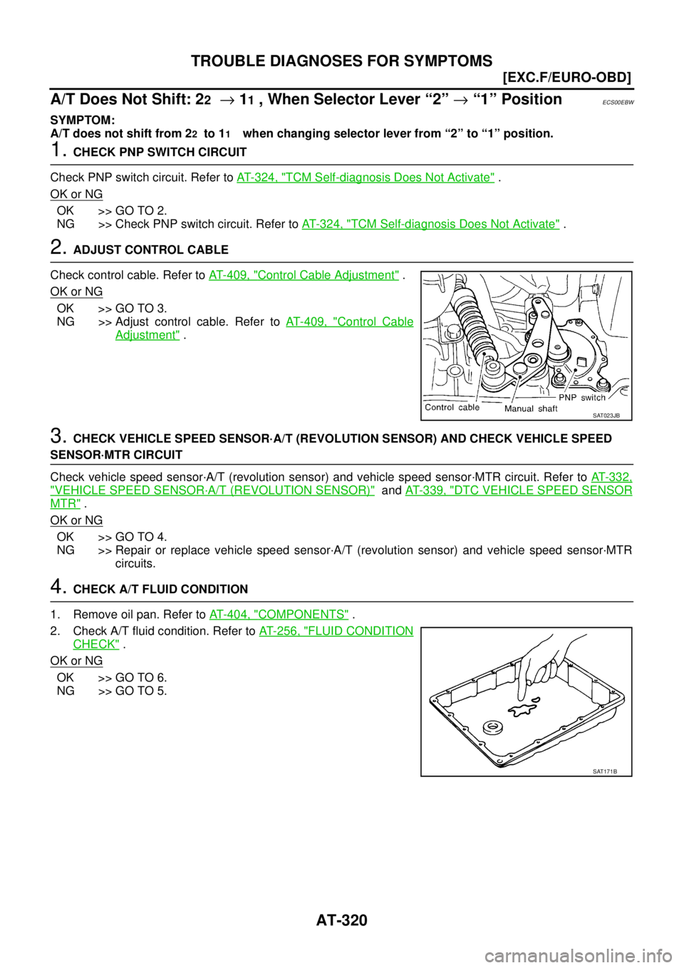 NISSAN X-TRAIL 2003  Service Repair Manual AT-320
[EXC.F/EURO-OBD]
TROUBLE DIAGNOSES FOR SYMPTOMS
 
A/T Does Not Shift: 22  → 11 , When Selector Lever “2” → “1” PositionECS00EBW
SYMPTOM:
A/T does not shift from 2
2  to 11    when c