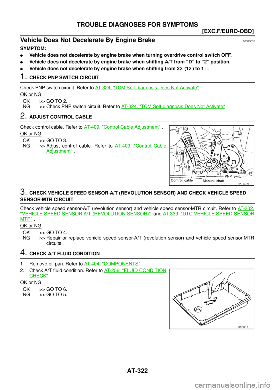 NISSAN X-TRAIL 2003  Service Repair Manual AT-322
[EXC.F/EURO-OBD]
TROUBLE DIAGNOSES FOR SYMPTOMS
 
Vehicle Does Not Decelerate By Engine BrakeECS00EBX
SYMPTOM:
Vehicle does not decelerate by engine brake when turning overdrive control switch