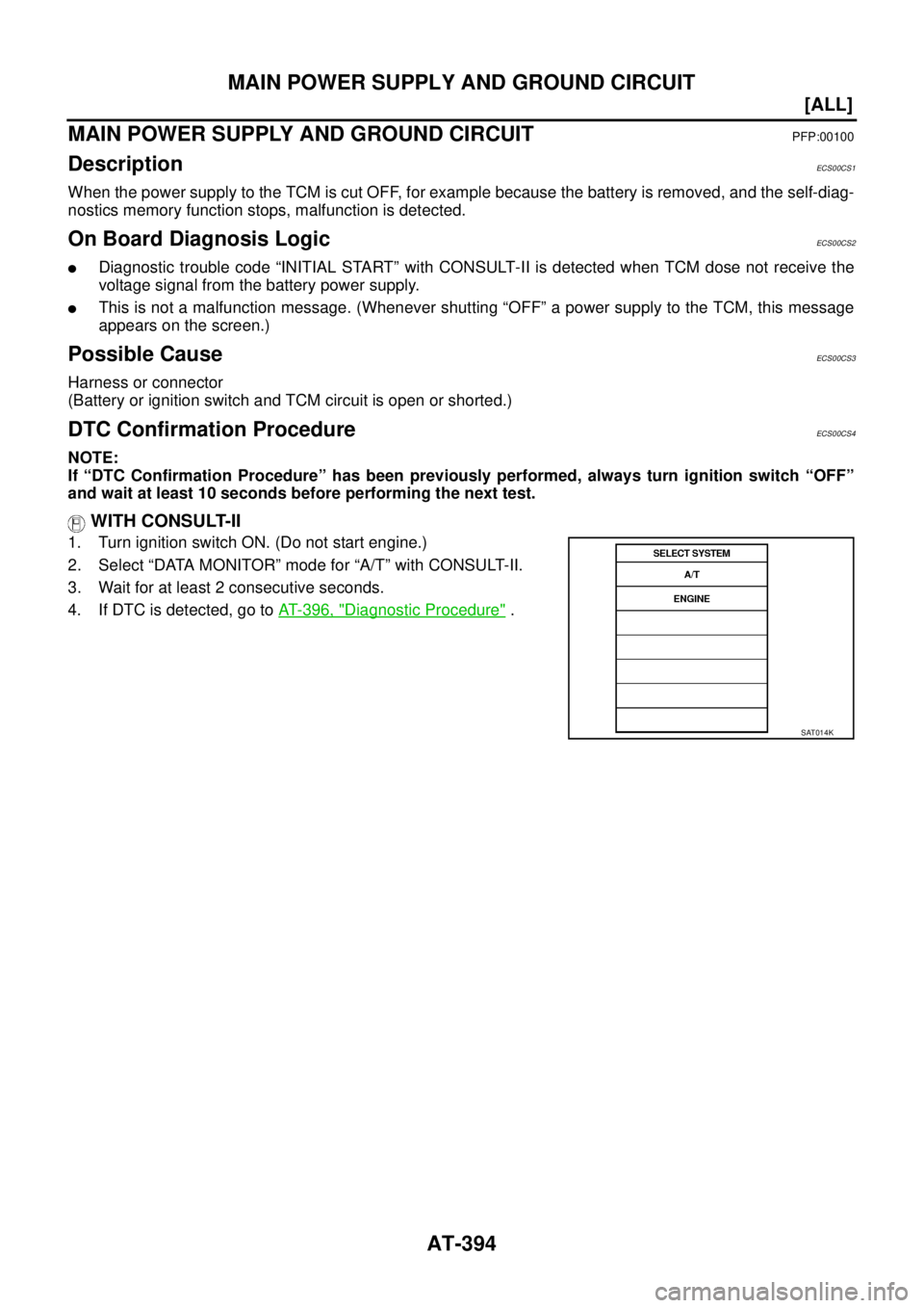 NISSAN X-TRAIL 2003  Service Repair Manual AT-394
[ALL]
MAIN POWER SUPPLY AND GROUND CIRCUIT
 
MAIN POWER SUPPLY AND GROUND CIRCUITPFP:00100
DescriptionECS00CS1
When the power supply to the TCM is cut OFF, for example because the battery is re