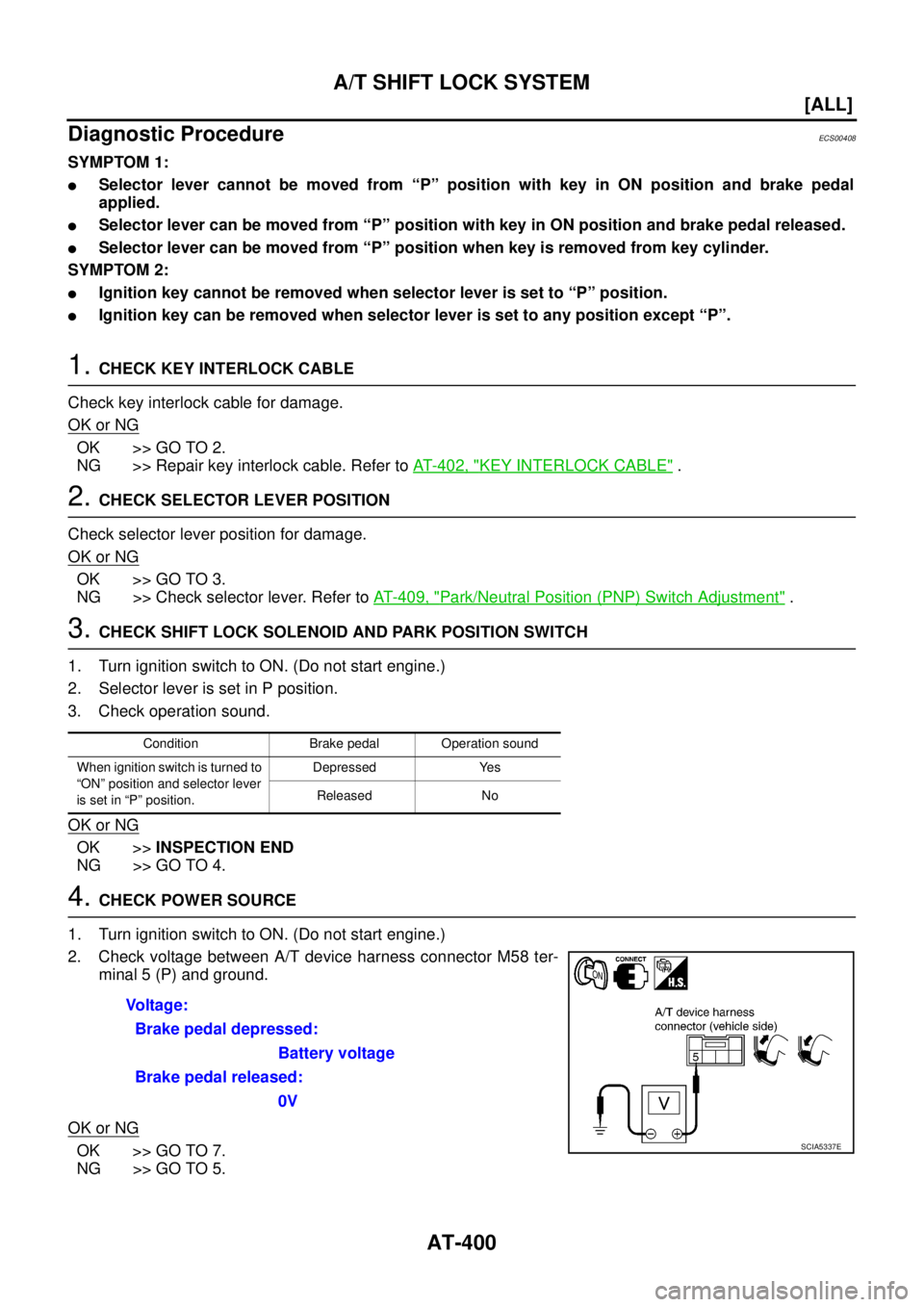 NISSAN X-TRAIL 2003  Service Repair Manual AT-400
[ALL]
A/T SHIFT LOCK SYSTEM
 
Diagnostic ProcedureECS00408
SYMPTOM 1:
Selector lever cannot be moved from “P” position with key in ON position and brake pedal
applied.
Selector lever can 