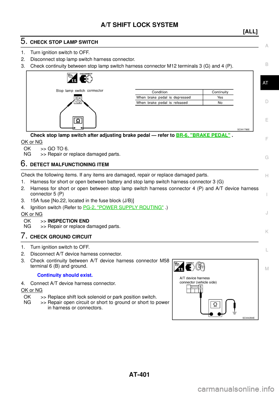 NISSAN X-TRAIL 2003  Service Repair Manual A/T SHIFT LOCK SYSTEM
AT-401
[ALL]
D
E
F
G
H
I
J
K
L
MA
B
AT
 
5. CHECK STOP LAMP SWITCH
1. Turn ignition switch to OFF.
2. Disconnect stop lamp switch harness connector.
3. Check continuity between s