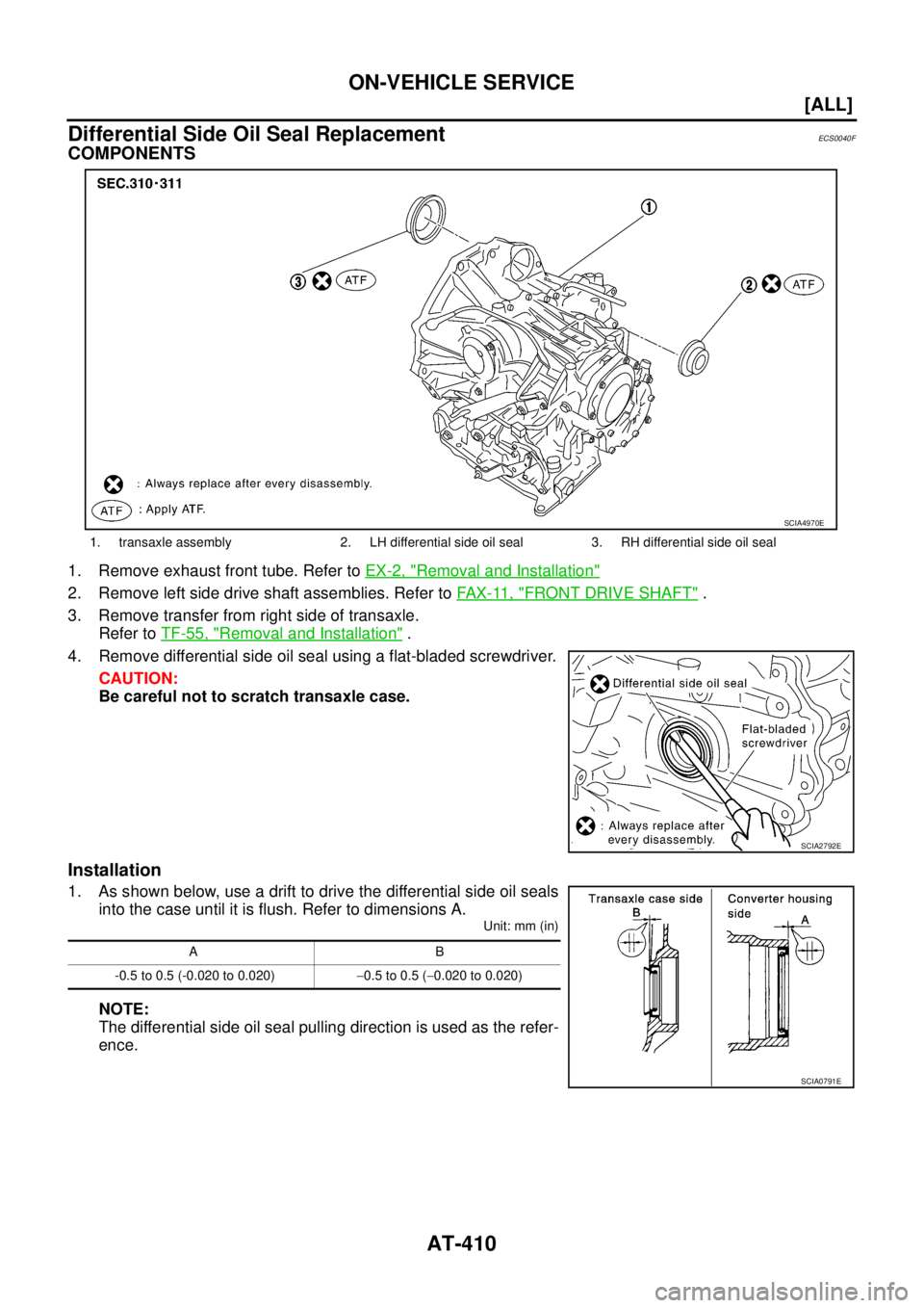 NISSAN X-TRAIL 2003  Service Repair Manual AT-410
[ALL]
ON-VEHICLE SERVICE
 
Differential Side Oil Seal ReplacementECS0040F
COMPONENTS
1. Remove exhaust front tube. Refer to EX-2, "Removal and Installation"
2. Remove left side drive shaft asse