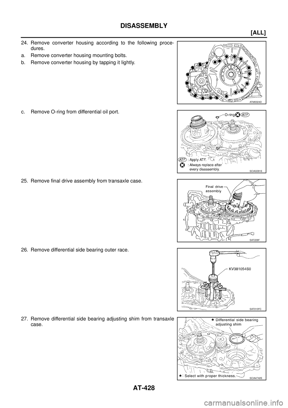 NISSAN X-TRAIL 2003  Service Repair Manual AT-428
[ALL]
DISASSEMBLY
 
24. Remove converter housing according to the following proce-
dures.
a. Remove converter housing mounting bolts.
b. Remove converter housing by tapping it lightly.
c. Remov