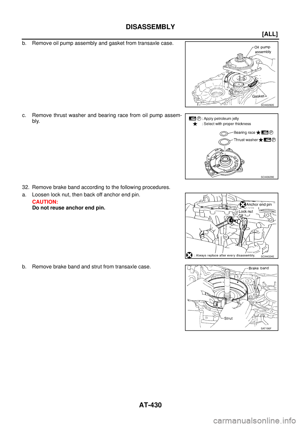 NISSAN X-TRAIL 2003  Service Repair Manual AT-430
[ALL]
DISASSEMBLY
 
b. Remove oil pump assembly and gasket from transaxle case.
c. Remove thrust washer and bearing race from oil pump assem-
bly.
32. Remove brake band according to the followi
