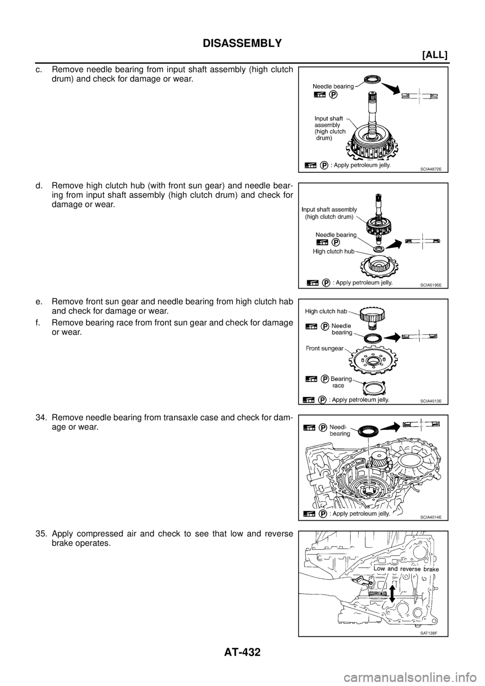 NISSAN X-TRAIL 2003  Service Repair Manual AT-432
[ALL]
DISASSEMBLY
 
c. Remove needle bearing from input shaft assembly (high clutch
drum) and check for damage or wear.
d. Remove high clutch hub (with front sun gear) and needle bear-
ing from