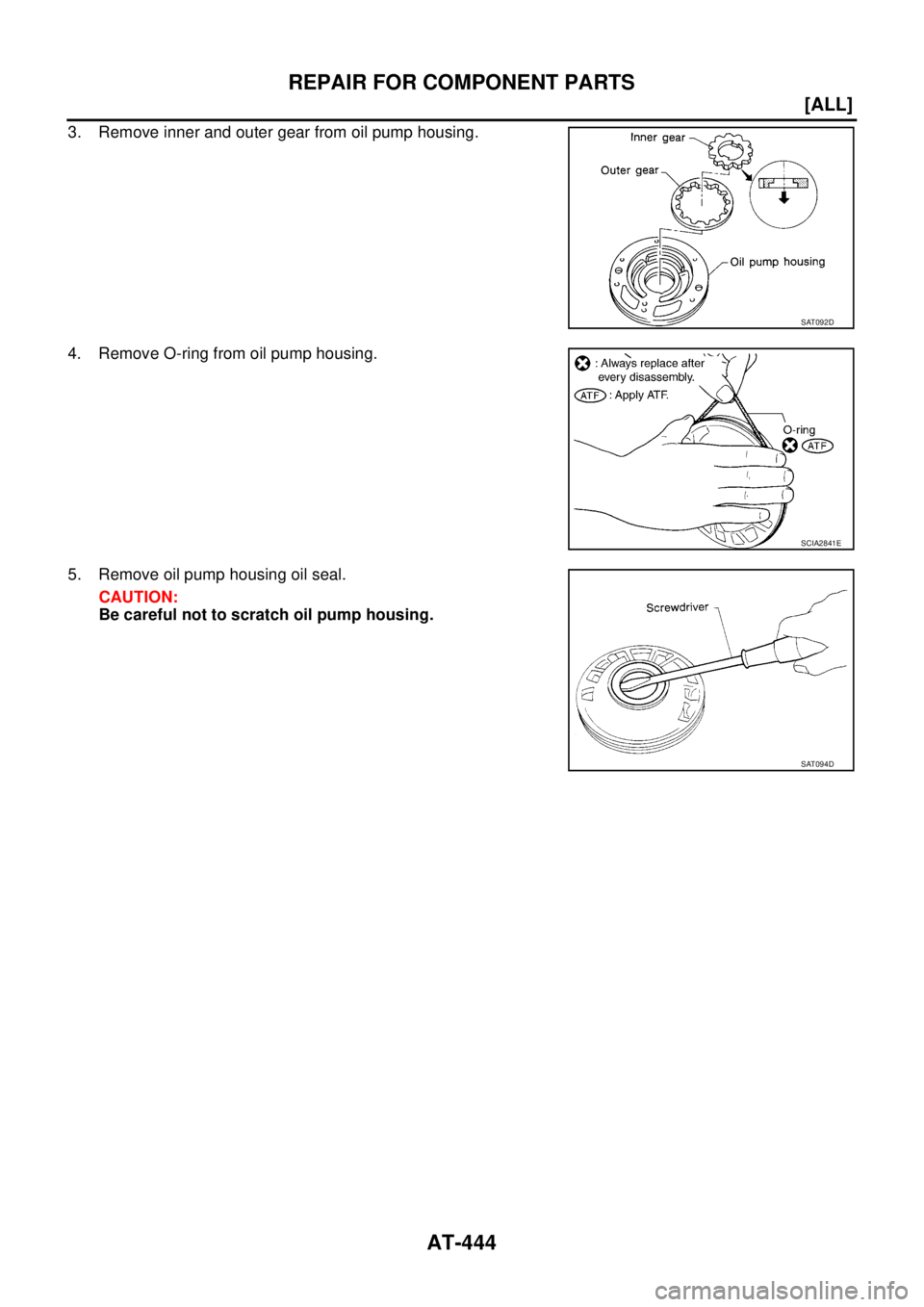 NISSAN X-TRAIL 2003  Service Repair Manual AT-444
[ALL]
REPAIR FOR COMPONENT PARTS
 
3. Remove inner and outer gear from oil pump housing.
4. Remove O-ring from oil pump housing.
5. Remove oil pump housing oil seal.
CAUTION:
Be careful not to 