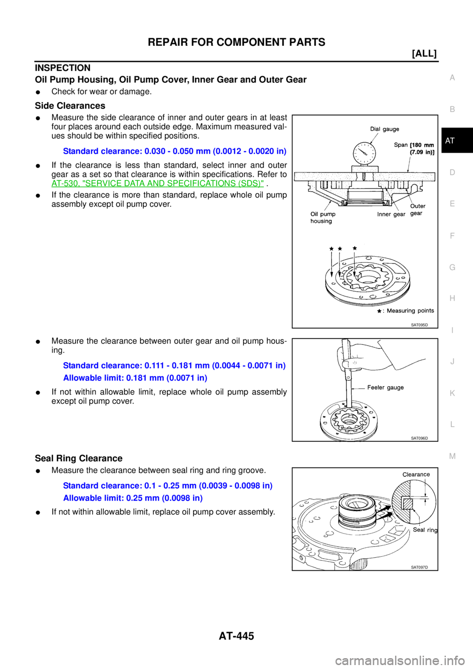 NISSAN X-TRAIL 2003  Service Repair Manual REPAIR FOR COMPONENT PARTS
AT-445
[ALL]
D
E
F
G
H
I
J
K
L
MA
B
AT
 
INSPECTION
Oil Pump Housing, Oil Pump Cover, Inner Gear and Outer Gear
Check for wear or damage.
Side Clearances
Measure the side 