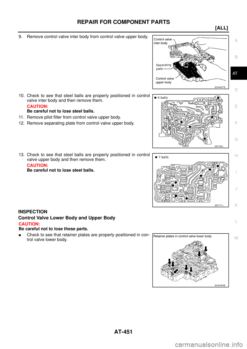 NISSAN X-TRAIL 2003  Service Repair Manual REPAIR FOR COMPONENT PARTS
AT-451
[ALL]
D
E
F
G
H
I
J
K
L
MA
B
AT
 
9. Remove control valve inter body from control valve upper body.
10. Check to see that steel balls are properly positioned in contr