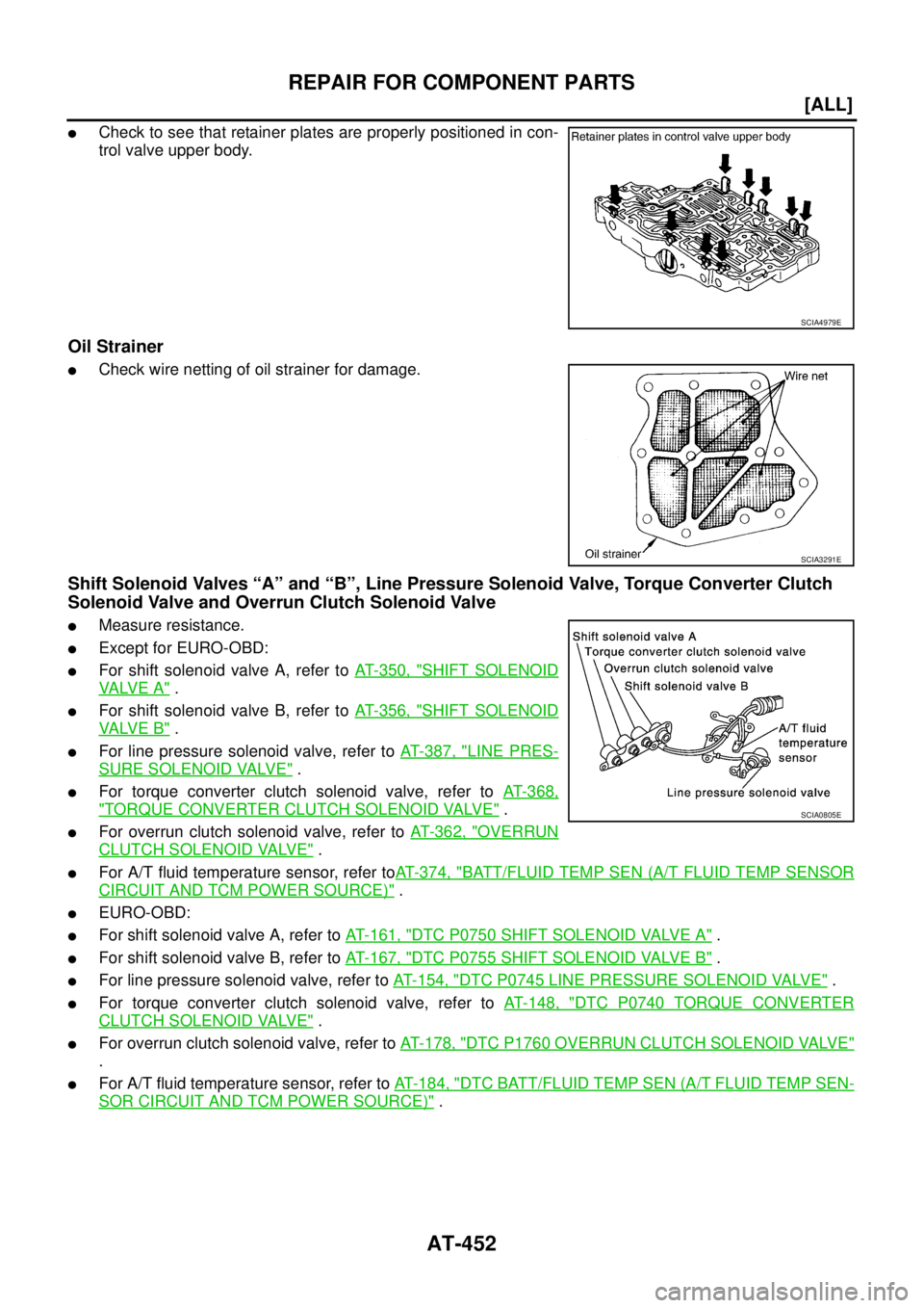 NISSAN X-TRAIL 2003  Service Repair Manual AT-452
[ALL]
REPAIR FOR COMPONENT PARTS
 
Check to see that retainer plates are properly positioned in con-
trol valve upper body.
Oil Strainer
Check wire netting of oil strainer for damage.
Shift S