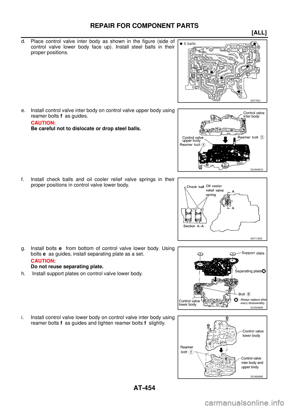 NISSAN X-TRAIL 2003  Service Repair Manual AT-454
[ALL]
REPAIR FOR COMPONENT PARTS
 
d. Place control valve inter body as shown in the figure (side of
control valve lower body face up). Install steel balls in their
proper positions.
e. Install