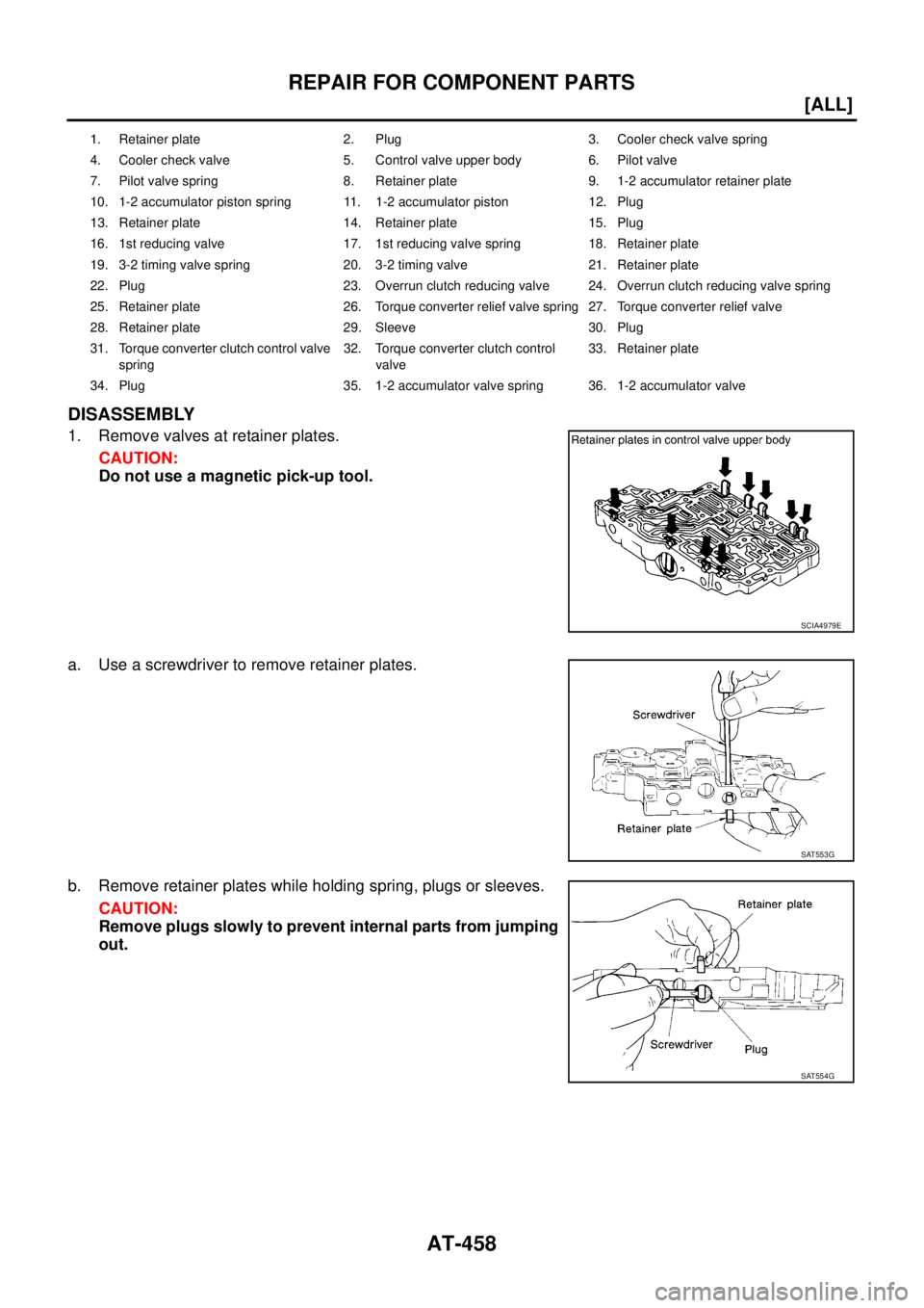 NISSAN X-TRAIL 2003  Service Repair Manual AT-458
[ALL]
REPAIR FOR COMPONENT PARTS
 
DISASSEMBLY
1. Remove valves at retainer plates.
CAUTION:
Do not use a magnetic pick-up tool.
a. Use a screwdriver to remove retainer plates.
b. Remove retain