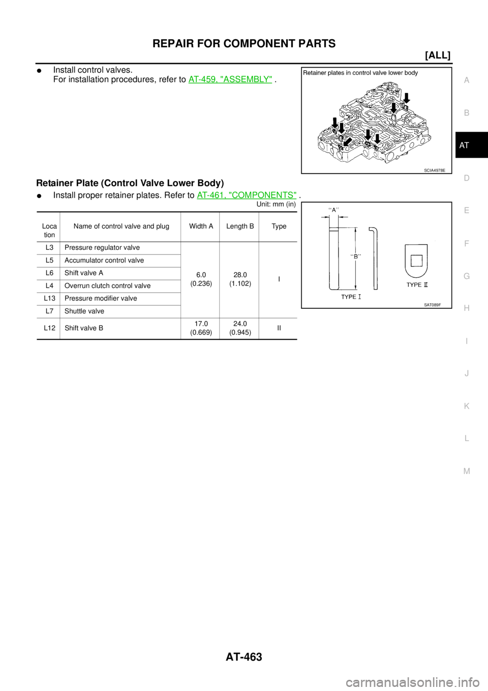 NISSAN X-TRAIL 2003  Service Repair Manual REPAIR FOR COMPONENT PARTS
AT-463
[ALL]
D
E
F
G
H
I
J
K
L
MA
B
AT
 
Install control valves.
For installation procedures, refer to AT- 4 5 9 ,  "
ASSEMBLY" .
Retainer Plate (Control Valve Lower Body)
