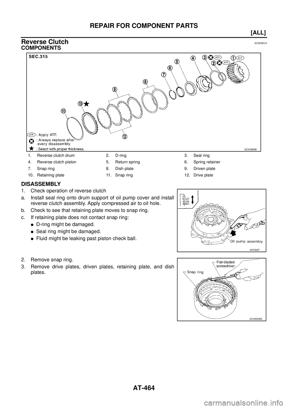 NISSAN X-TRAIL 2003  Service Repair Manual AT-464
[ALL]
REPAIR FOR COMPONENT PARTS
 
Reverse ClutchECS00EC4
COMPONENTS
DISASSEMBLY
1. Check operation of reverse clutch
a. Install seal ring onto drum support of oil pump cover and install
revers