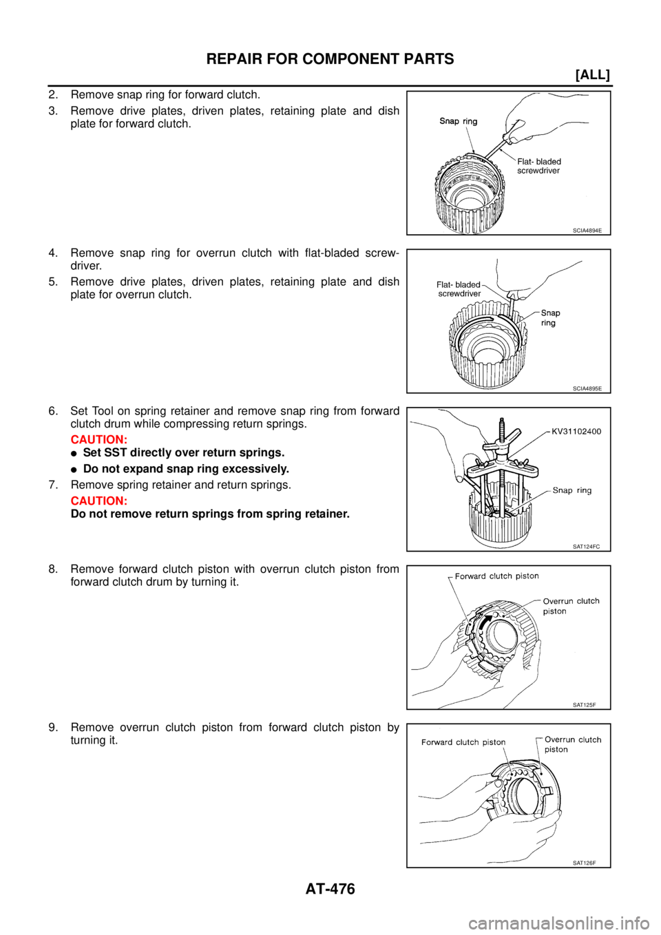 NISSAN X-TRAIL 2003  Service Repair Manual AT-476
[ALL]
REPAIR FOR COMPONENT PARTS
 
2. Remove snap ring for forward clutch.
3. Remove drive plates, driven plates, retaining plate and dish
plate for forward clutch.
4. Remove snap ring for over
