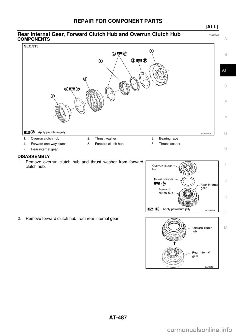 NISSAN X-TRAIL 2003  Service Repair Manual REPAIR FOR COMPONENT PARTS
AT-487
[ALL]
D
E
F
G
H
I
J
K
L
MA
B
AT
 
Rear Internal Gear, Forward Clutch Hub and Overrun Clutch HubECS00EC8
COMPONENTS
DISASSEMBLY
1. Remove overrun clutch hub and thrust