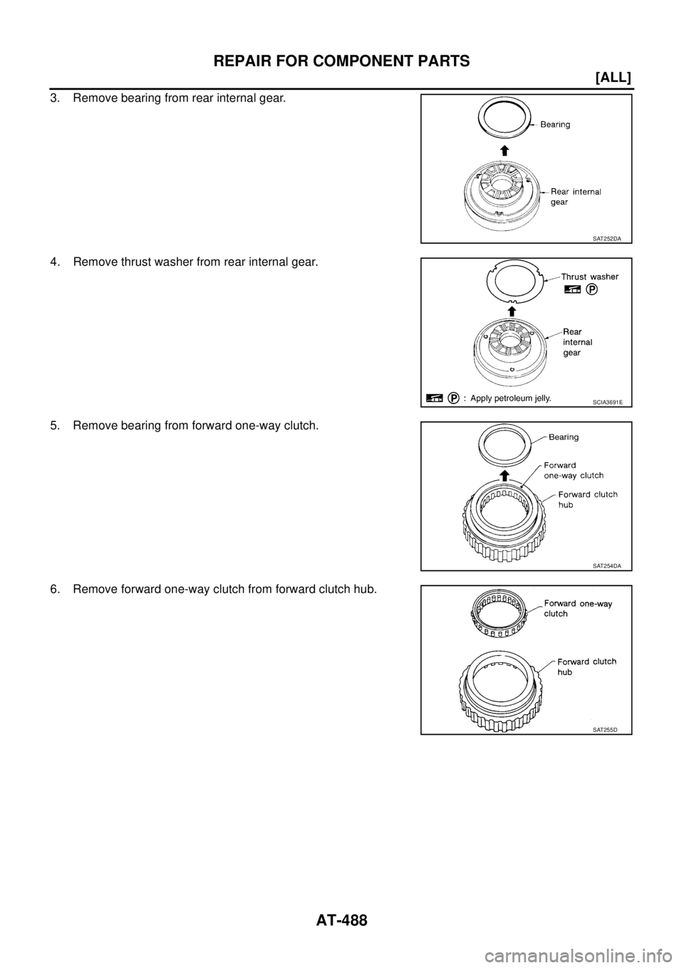 NISSAN X-TRAIL 2003  Service Repair Manual AT-488
[ALL]
REPAIR FOR COMPONENT PARTS
 
3. Remove bearing from rear internal gear.
4. Remove thrust washer from rear internal gear.
5. Remove bearing from forward one-way clutch.
6. Remove forward o