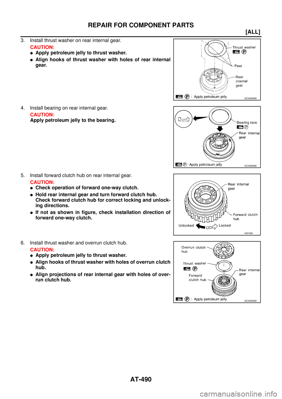 NISSAN X-TRAIL 2003  Service Repair Manual AT-490
[ALL]
REPAIR FOR COMPONENT PARTS
 
3. Install thrust washer on rear internal gear.
CAUTION:
Apply petroleum jelly to thrust washer.
Align hooks of thrust washer with holes of rear internal
ge