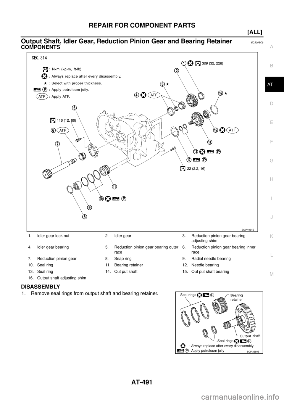 NISSAN X-TRAIL 2003  Service Repair Manual REPAIR FOR COMPONENT PARTS
AT-491
[ALL]
D
E
F
G
H
I
J
K
L
MA
B
AT
 
Output Shaft, Idler Gear, Reduction Pinion Gear and Bearing RetainerECS00EC9
COMPONENTS
DISASSEMBLY
1. Remove seal rings from output