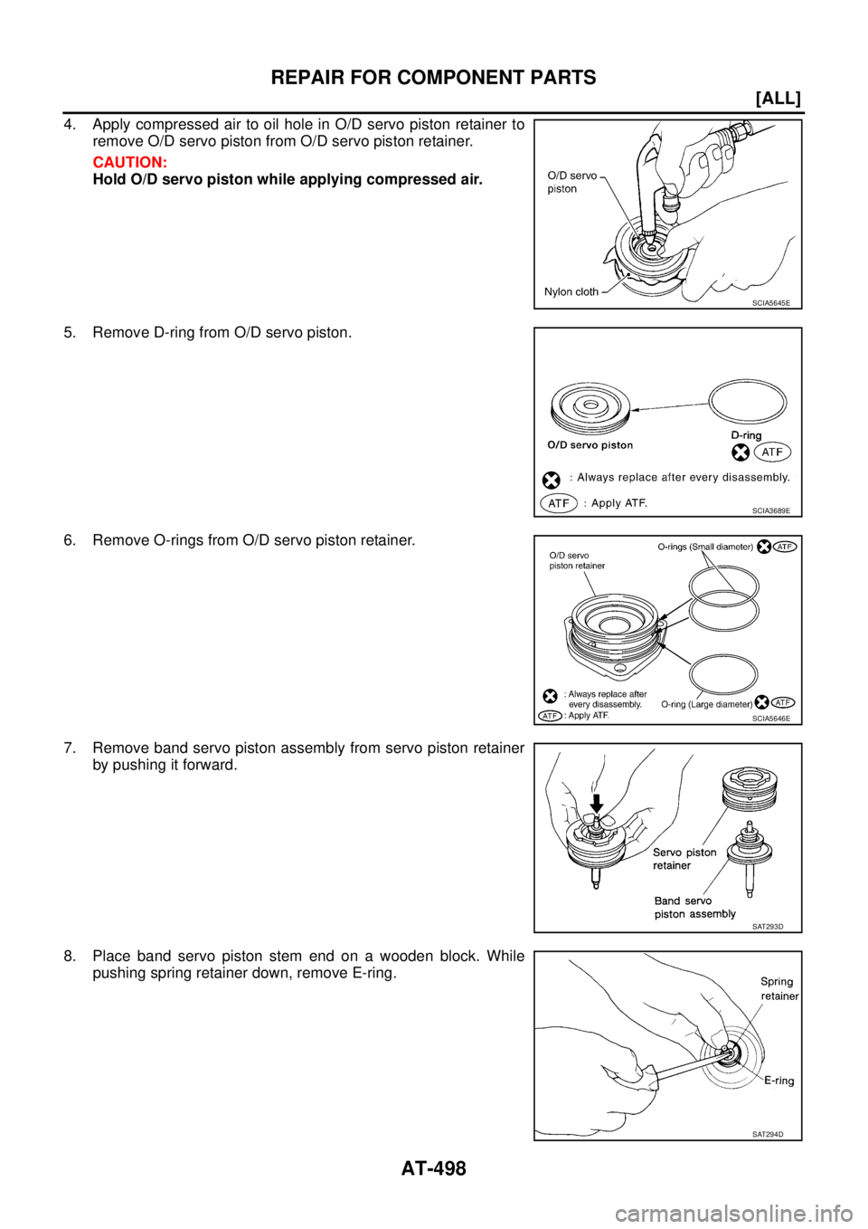 NISSAN X-TRAIL 2003  Service Repair Manual AT-498
[ALL]
REPAIR FOR COMPONENT PARTS
 
4. Apply compressed air to oil hole in O/D servo piston retainer to
remove O/D servo piston from O/D servo piston retainer.
CAUTION:
Hold O/D servo piston whi