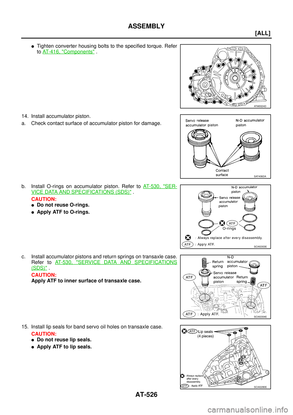 NISSAN X-TRAIL 2003  Service Repair Manual AT-526
[ALL]
ASSEMBLY
 
Tighten converter housing bolts to the specified torque. Refer
to AT- 4 1 6 ,  "
Components" .
14. Install accumulator piston.
a. Check contact surface of accumulator piston f