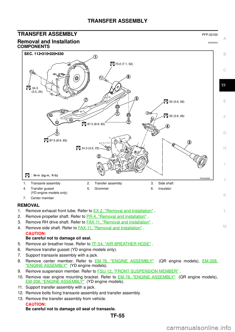 NISSAN X-TRAIL 2003 Service Repair Manual TRANSFER ASSEMBLY
TF-55
C
E
F
G
H
I
J
K
L
MA
B
TF
TRANSFER ASSEMBLYPFP:33100
Removal and InstallationEDS0004U
COMPONENTS
REMOVAL
1. Remove exhaust front tube. Refer to EX-2, "Removal and Installatio NISSAN X-TRAIL 2003 Service Repair Manual TRANSFER ASSEMBLY
TF-55
C
E
F
G
H
I
J
K
L
MA
B
TF
TRANSFER ASSEMBLYPFP:33100
Removal and InstallationEDS0004U
COMPONENTS
REMOVAL
1. Remove exhaust front tube. Refer to EX-2, "Removal and Installatio