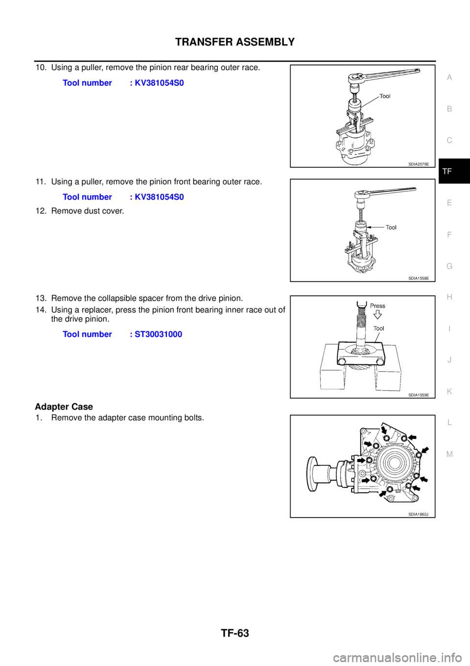NISSAN X-TRAIL 2003  Service Repair Manual TRANSFER ASSEMBLY
TF-63
C
E
F
G
H
I
J
K
L
MA
B
TF
 
10. Using a puller, remove the pinion rear bearing outer race.
11. Using a puller, remove the pinion front bearing outer race.
12. Remove dust cover
