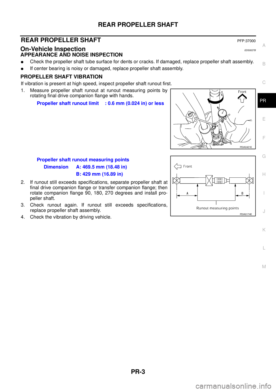 NISSAN X-TRAIL 2003 Service Repair Manual REAR PROPELLER SHAFT
PR-3
C
E
F
G
H
I
J
K
L
MA
B
PR
REAR PROPELLER SHAFTPFP:37000
On-Vehicle InspectionEDS0027B
APPEARANCE AND NOISE INSPECTION
Check the propeller shaft tube surface for dents or c NISSAN X-TRAIL 2003 Service Repair Manual REAR PROPELLER SHAFT
PR-3
C
E
F
G
H
I
J
K
L
MA
B
PR
REAR PROPELLER SHAFTPFP:37000
On-Vehicle InspectionEDS0027B
APPEARANCE AND NOISE INSPECTION
Check the propeller shaft tube surface for dents or c