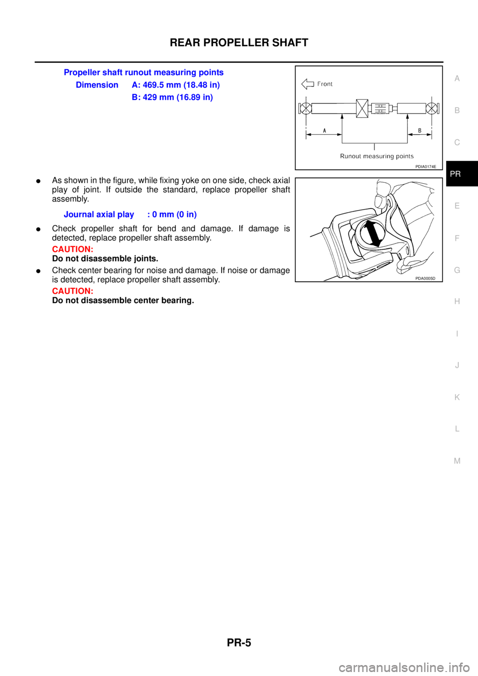 NISSAN X-TRAIL 2003  Service Repair Manual REAR PROPELLER SHAFT
PR-5
C
E
F
G
H
I
J
K
L
MA
B
PR
 As shown in the figure, while fixing yoke on one side, check axial
play of joint. If outside the standard, replace propeller shaft
assembly.
Chec