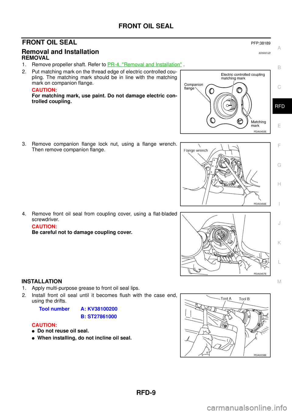 NISSAN X-TRAIL 2003  Service Repair Manual FRONT OIL SEAL
RFD-9
C
E
F
G
H
I
J
K
L
MA
B
RFD
 
FRONT OIL SEALPFP:38189
Removal and InstallationEDS001Z2
REMOVAL
1. Remove propeller shaft. Refer to PR-4, "Removal and Installation" .
2. Put matchin