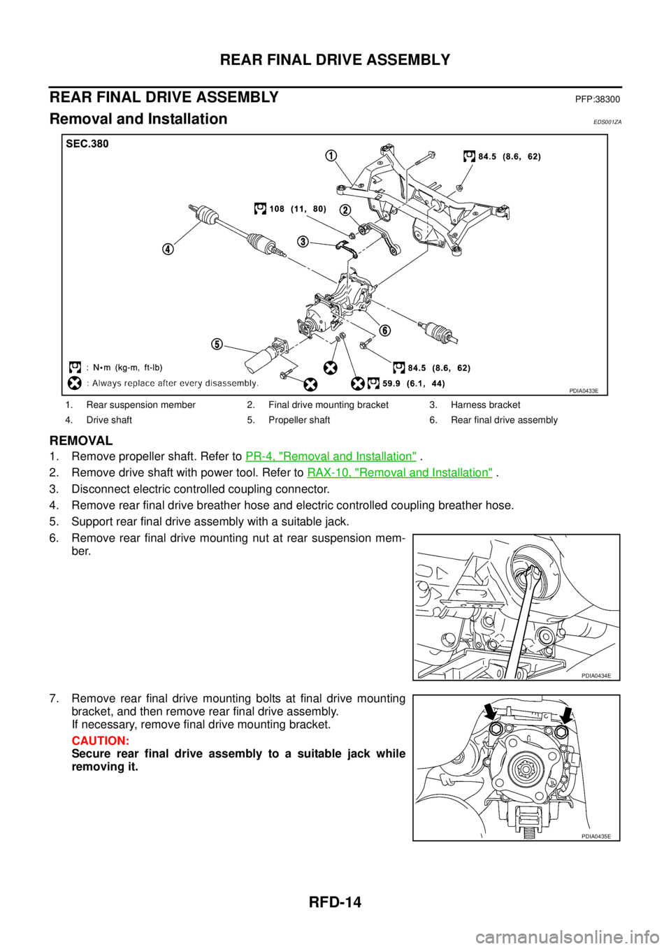 NISSAN X-TRAIL 2003  Service Repair Manual RFD-14
REAR FINAL DRIVE ASSEMBLY
 
REAR FINAL DRIVE ASSEMBLYPFP:38300
Removal and InstallationEDS001ZA
REMOVAL
1. Remove propeller shaft. Refer to PR-4, "Removal and Installation" .
2. Remove drive sh