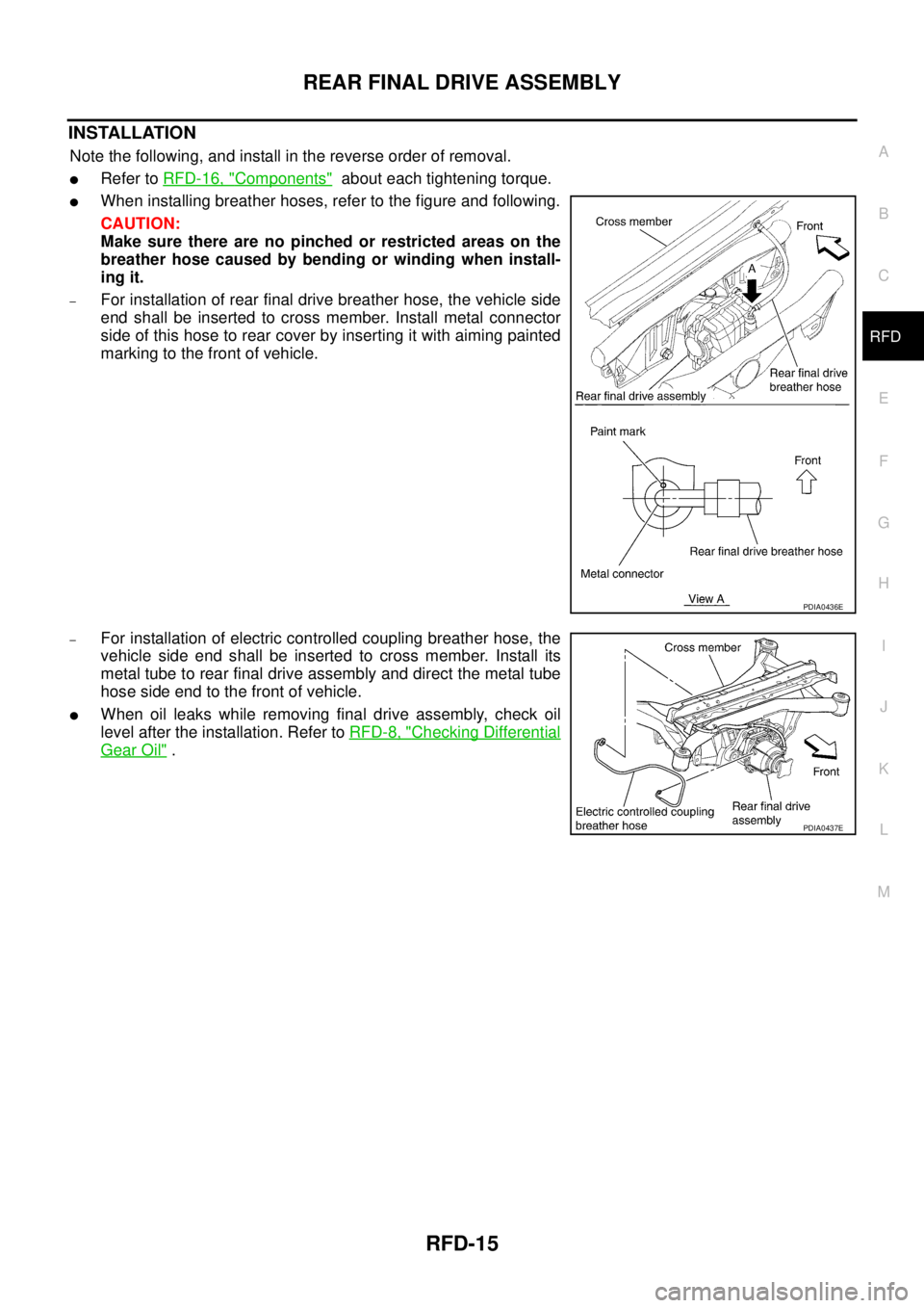 NISSAN X-TRAIL 2003  Service Repair Manual REAR FINAL DRIVE ASSEMBLY
RFD-15
C
E
F
G
H
I
J
K
L
MA
B
RFD
 
INSTALLATION
Note the following, and install in the reverse order of removal.
Refer to RFD-16, "Components"  about each tightening torque
