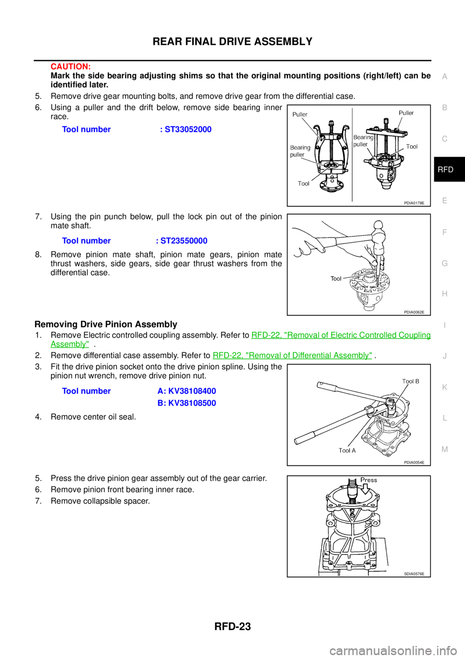 NISSAN X-TRAIL 2003 Service Repair Manual REAR FINAL DRIVE ASSEMBLY
RFD-23
C
E
F
G
H
I
J
K
L
MA
B
RFD
CAUTION:
Mark the side bearing adjusting shims so that the original mounting positions (right/left) can be
identified later.
5. Remove dri NISSAN X-TRAIL 2003 Service Repair Manual REAR FINAL DRIVE ASSEMBLY
RFD-23
C
E
F
G
H
I
J
K
L
MA
B
RFD
CAUTION:
Mark the side bearing adjusting shims so that the original mounting positions (right/left) can be
identified later.
5. Remove dri
