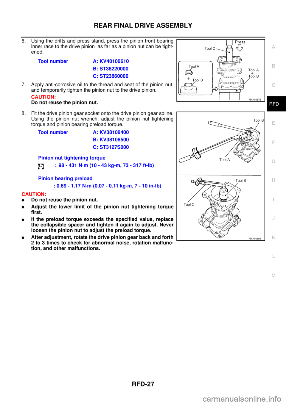 NISSAN X-TRAIL 2003 Service Repair Manual REAR FINAL DRIVE ASSEMBLY
RFD-27
C
E
F
G
H
I
J
K
L
MA
B
RFD
6. Using the drifts and press stand, press the pinion front bearing
inner race to the drive pinion as far as a pinion nut can be tight-
e NISSAN X-TRAIL 2003 Service Repair Manual REAR FINAL DRIVE ASSEMBLY
RFD-27
C
E
F
G
H
I
J
K
L
MA
B
RFD
6. Using the drifts and press stand, press the pinion front bearing
inner race to the drive pinion as far as a pinion nut can be tight-
e