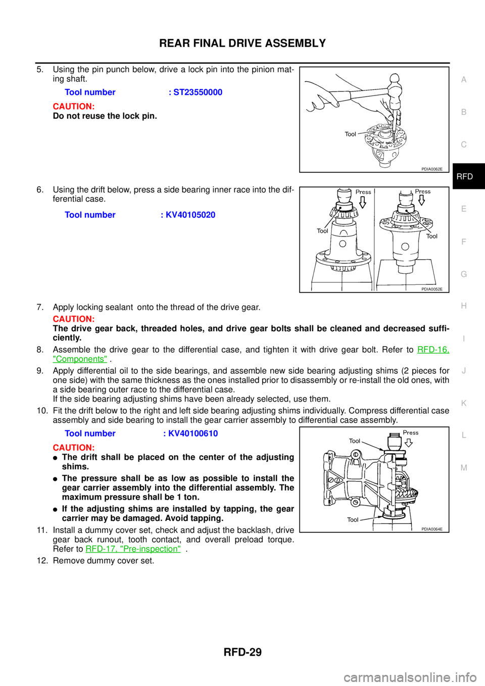 NISSAN X-TRAIL 2003 Service Repair Manual REAR FINAL DRIVE ASSEMBLY
RFD-29
C
E
F
G
H
I
J
K
L
MA
B
RFD
5. Using the pin punch below, drive a lock pin into the pinion mat-
ing shaft.
CAUTION:
Do not reuse the lock pin.
6. Using the drift belo NISSAN X-TRAIL 2003 Service Repair Manual REAR FINAL DRIVE ASSEMBLY
RFD-29
C
E
F
G
H
I
J
K
L
MA
B
RFD
5. Using the pin punch below, drive a lock pin into the pinion mat-
ing shaft.
CAUTION:
Do not reuse the lock pin.
6. Using the drift belo