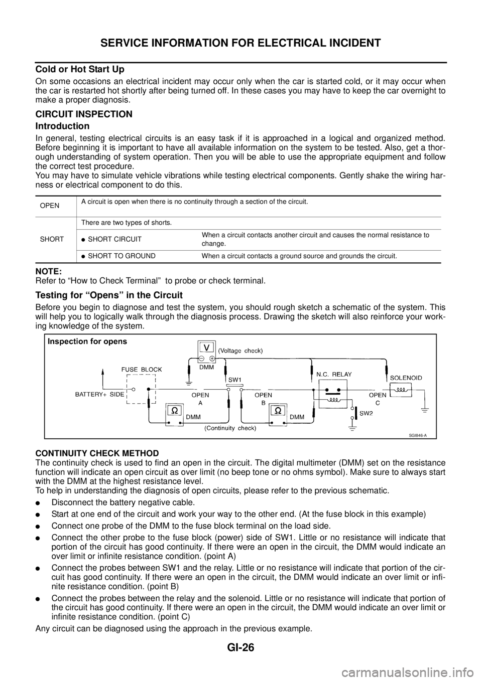 NISSAN X-TRAIL 2003 Service Repair Manual GI-26
SERVICE INFORMATION FOR ELECTRICAL INCIDENT
Cold or Hot Start Up
On some occasions an electrical incident may occur only when the car is started cold, or it may occur when
the car is restarte NISSAN X-TRAIL 2003 Service Repair Manual GI-26
SERVICE INFORMATION FOR ELECTRICAL INCIDENT
Cold or Hot Start Up
On some occasions an electrical incident may occur only when the car is started cold, or it may occur when
the car is restarte