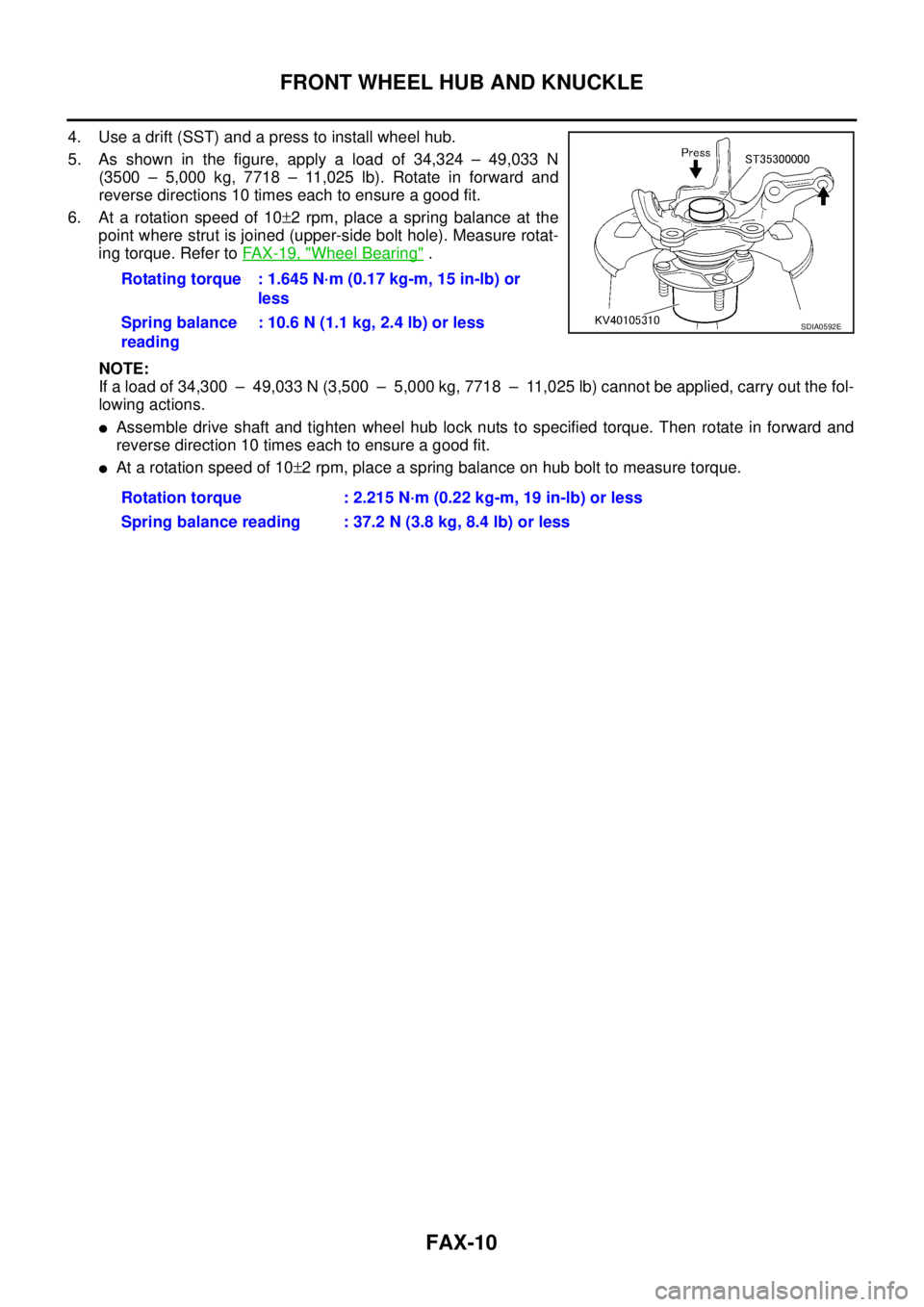 NISSAN X-TRAIL 2003 Service Repair Manual FAX-10
FRONT WHEEL HUB AND KNUCKLE
4. Use a drift (SST) and a press to install wheel hub.
5. As shown in the figure, apply a load of 34,324 – 49,033 N
(3500 – 5,000 kg, 7718 – 11,025 lb). Rota NISSAN X-TRAIL 2003 Service Repair Manual FAX-10
FRONT WHEEL HUB AND KNUCKLE
4. Use a drift (SST) and a press to install wheel hub.
5. As shown in the figure, apply a load of 34,324 – 49,033 N
(3500 – 5,000 kg, 7718 – 11,025 lb). Rota