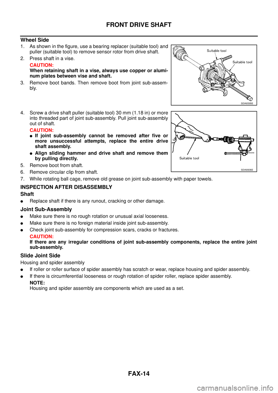 NISSAN X-TRAIL 2003 Service Repair Manual FAX-14
FRONT DRIVE SHAFT
Wheel Side
1. As shown in the figure, use a bearing replacer (suitable tool) and
puller (suitable tool) to remove sensor rotor from drive shaft.
2. Press shaft in a vise.
CA NISSAN X-TRAIL 2003 Service Repair Manual FAX-14
FRONT DRIVE SHAFT
Wheel Side
1. As shown in the figure, use a bearing replacer (suitable tool) and
puller (suitable tool) to remove sensor rotor from drive shaft.
2. Press shaft in a vise.
CA