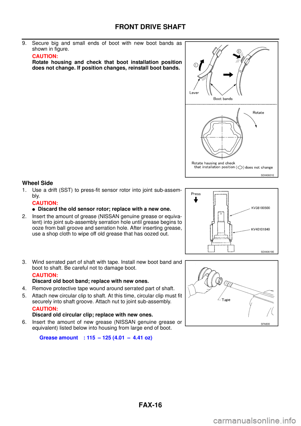 NISSAN X-TRAIL 2003 Service Repair Manual FAX-16
FRONT DRIVE SHAFT
9. Secure big and small ends of boot with new boot bands as
shown in figure.
CAUTION:
Rotate housing and check that boot installation position
does not change. If position c NISSAN X-TRAIL 2003 Service Repair Manual FAX-16
FRONT DRIVE SHAFT
9. Secure big and small ends of boot with new boot bands as
shown in figure.
CAUTION:
Rotate housing and check that boot installation position
does not change. If position c