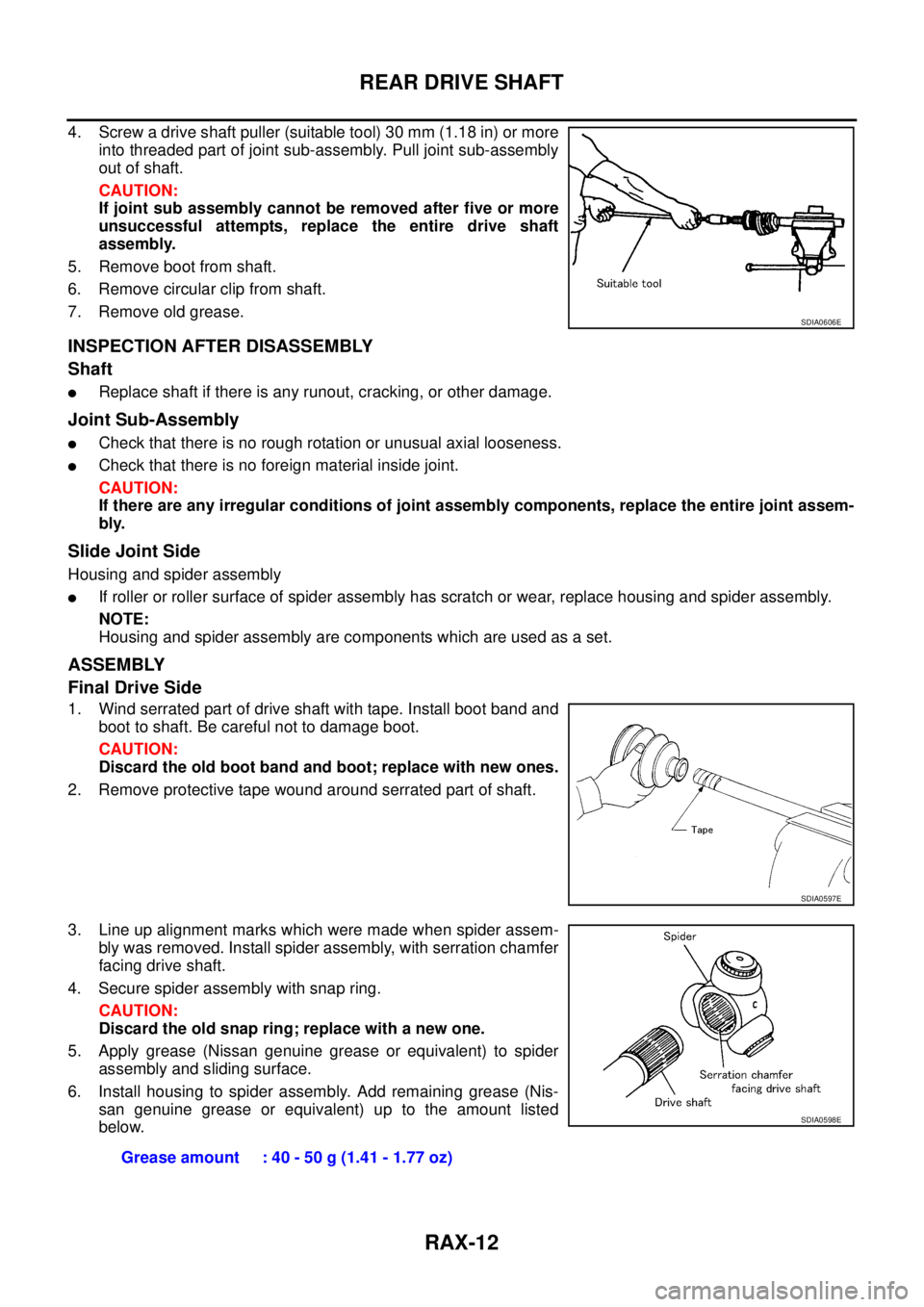 NISSAN X-TRAIL 2003 Service Repair Manual RAX-12
REAR DRIVE SHAFT
4. Screw a drive shaft puller (suitable tool) 30 mm (1.18 in) or more
into threaded part of joint sub-assembly. Pull joint sub-assembly
out of shaft.
CAUTION:
If joint sub as NISSAN X-TRAIL 2003 Service Repair Manual RAX-12
REAR DRIVE SHAFT
4. Screw a drive shaft puller (suitable tool) 30 mm (1.18 in) or more
into threaded part of joint sub-assembly. Pull joint sub-assembly
out of shaft.
CAUTION:
If joint sub as