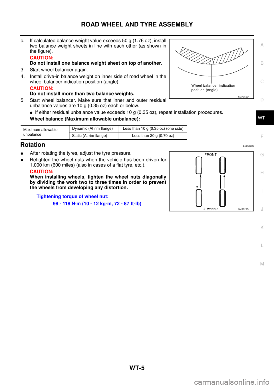 NISSAN X-TRAIL 2003 Service Repair Manual ROAD WHEEL AND TYRE ASSEMBLY
WT-5
C
D
F
G
H
I
J
K
L
MA
B
WT
c. If calculated balance weight value exceeds 50 g (1.76 oz), install
two balance weight sheets in line with each other (as shown in
the f NISSAN X-TRAIL 2003 Service Repair Manual ROAD WHEEL AND TYRE ASSEMBLY
WT-5
C
D
F
G
H
I
J
K
L
MA
B
WT
c. If calculated balance weight value exceeds 50 g (1.76 oz), install
two balance weight sheets in line with each other (as shown in
the f