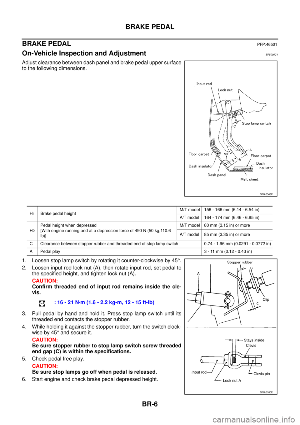 NISSAN X-TRAIL 2003  Service Repair Manual BR-6
BRAKE PEDAL
 
BRAKE PEDALPFP:46501
On-Vehicle Inspection and AdjustmentEFS000C1
Adjust clearance between dash panel and brake pedal upper surface
to the following dimensions.
1. Loosen stop lamp 