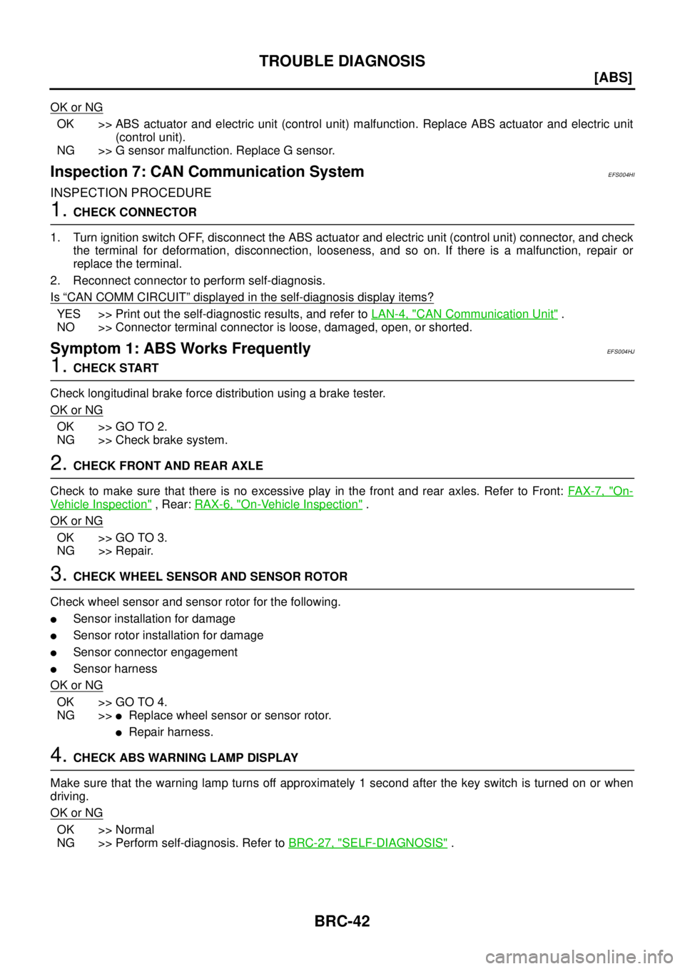 NISSAN X-TRAIL 2003  Service Repair Manual BRC-42
[ABS]
TROUBLE DIAGNOSIS
 
OK or NG
OK >> ABS actuator and electric unit (control unit) malfunction. Replace ABS actuator and electric unit
(control unit).
NG >> G sensor malfunction. Replace G 
