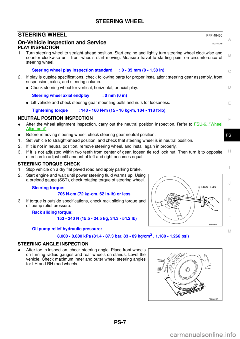 NISSAN X-TRAIL 2003 Service Repair Manual STEERING WHEEL
PS-7
C
D
E
F
H
I
J
K
L
MA
B
PS
STEERING WHEELPFP:48430
On-Vehicle Inspection and ServiceEGS0004E
PLAY INSPECTION
1. Turn steering wheel to straight-ahead position. Start engine and li NISSAN X-TRAIL 2003 Service Repair Manual STEERING WHEEL
PS-7
C
D
E
F
H
I
J
K
L
MA
B
PS
STEERING WHEELPFP:48430
On-Vehicle Inspection and ServiceEGS0004E
PLAY INSPECTION
1. Turn steering wheel to straight-ahead position. Start engine and li