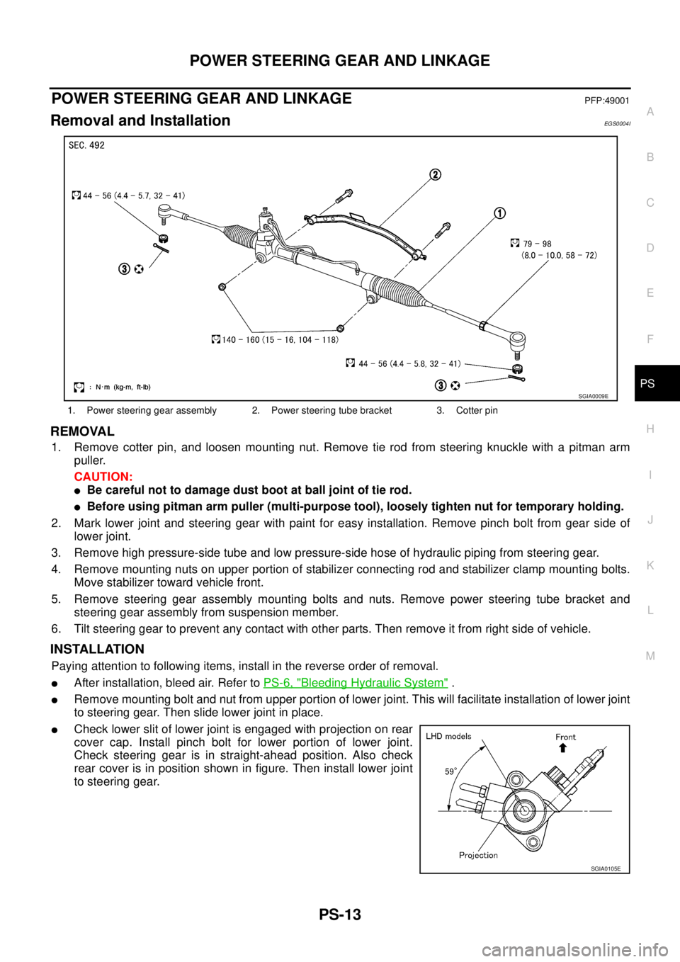 NISSAN X-TRAIL 2003 Service Repair Manual POWER STEERING GEAR AND LINKAGE
PS-13
C
D
E
F
H
I
J
K
L
MA
B
PS
POWER STEERING GEAR AND LINKAGEPFP:49001
Removal and InstallationEGS0004I
REMOVAL
1. Remove cotter pin, and loosen mounting nut. Remov NISSAN X-TRAIL 2003 Service Repair Manual POWER STEERING GEAR AND LINKAGE
PS-13
C
D
E
F
H
I
J
K
L
MA
B
PS
POWER STEERING GEAR AND LINKAGEPFP:49001
Removal and InstallationEGS0004I
REMOVAL
1. Remove cotter pin, and loosen mounting nut. Remov
