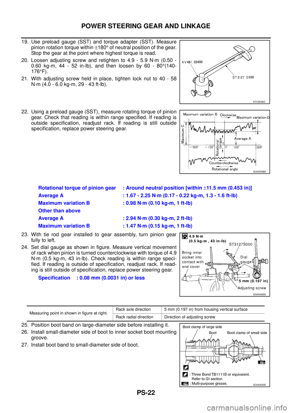 NISSAN X-TRAIL 2003 Service Repair Manual PS-22
POWER STEERING GEAR AND LINKAGE
19. Use preload gauge (SST) and torque adapter (SST). Measure
pinion rotation torque within ±180° of neutral position of the gear.
Stop the gear at the point NISSAN X-TRAIL 2003 Service Repair Manual PS-22
POWER STEERING GEAR AND LINKAGE
19. Use preload gauge (SST) and torque adapter (SST). Measure
pinion rotation torque within ±180° of neutral position of the gear.
Stop the gear at the point