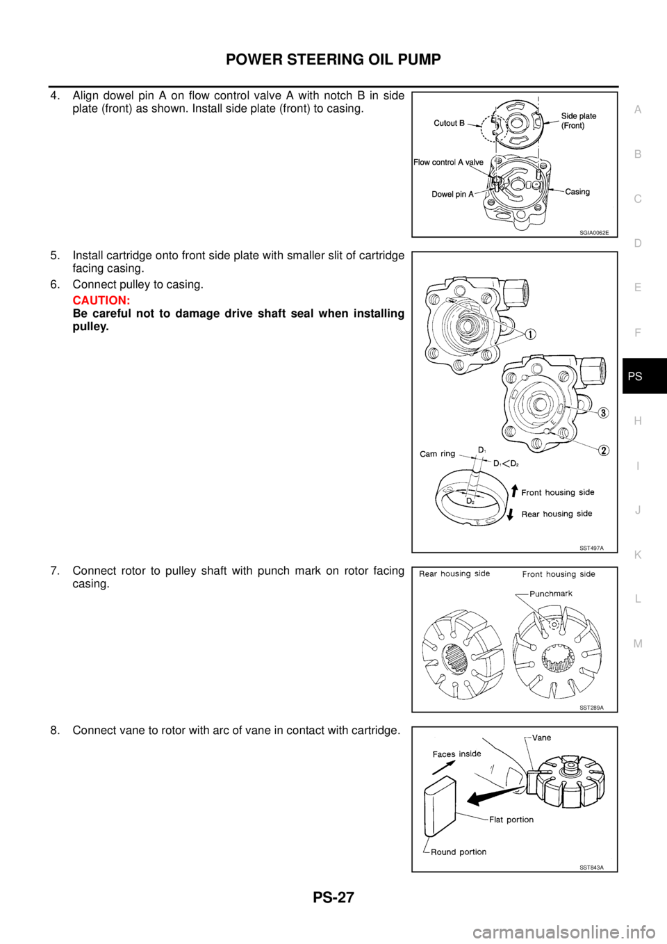 NISSAN X-TRAIL 2003  Service Repair Manual POWER STEERING OIL PUMP
PS-27
C
D
E
F
H
I
J
K
L
MA
B
PS
 
4. Align dowel pin A on flow control valve A with notch B in side
plate (front) as shown. Install side plate (front) to casing.
5. Install car