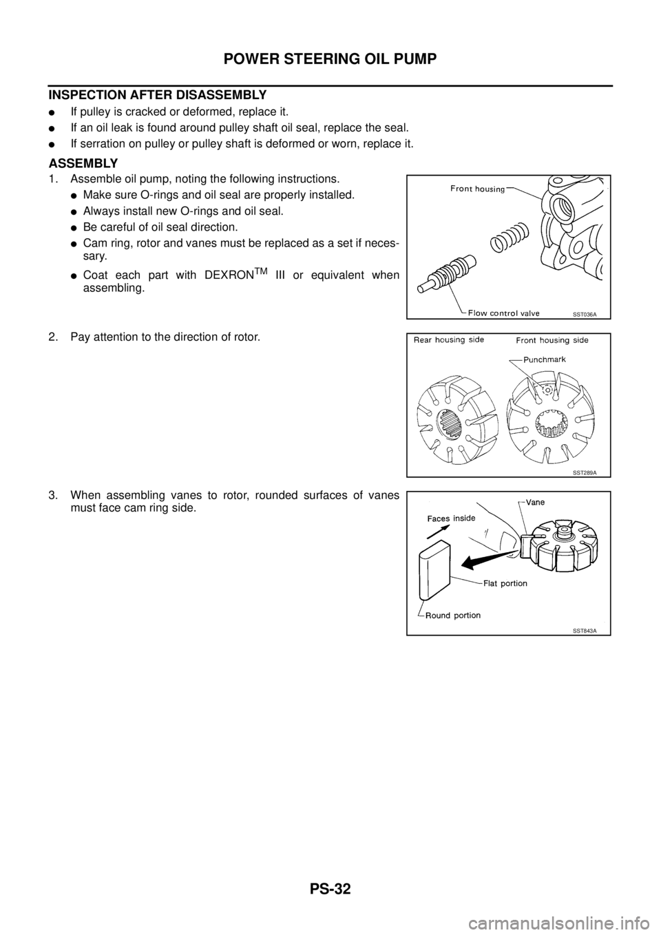 NISSAN X-TRAIL 2003  Service Repair Manual PS-32
POWER STEERING OIL PUMP
 
INSPECTION AFTER DISASSEMBLY
If pulley is cracked or deformed, replace it.
If an oil leak is found around pulley shaft oil seal, replace the seal.
If serration on pu