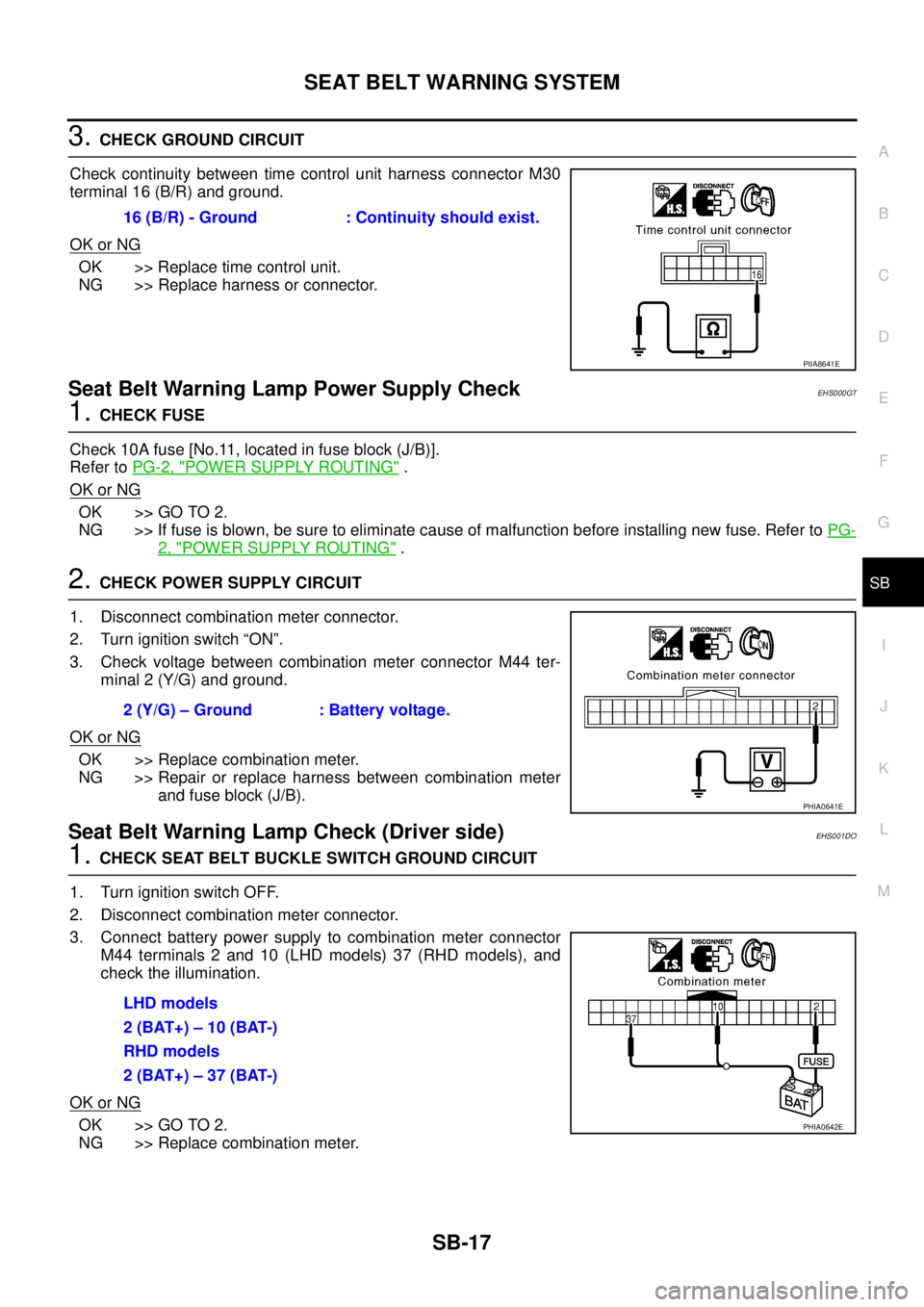 NISSAN X-TRAIL 2003 Service Repair Manual SEAT BELT WARNING SYSTEM
SB-17
C
D
E
F
G
I
J
K
L
MA
B
SB
3. CHECK GROUND CIRCUIT
Check continuity between time control unit harness connector M30
terminal 16 (B/R) and ground.
OK or NG
OK >> Replace NISSAN X-TRAIL 2003 Service Repair Manual SEAT BELT WARNING SYSTEM
SB-17
C
D
E
F
G
I
J
K
L
MA
B
SB
3. CHECK GROUND CIRCUIT
Check continuity between time control unit harness connector M30
terminal 16 (B/R) and ground.
OK or NG
OK >> Replace